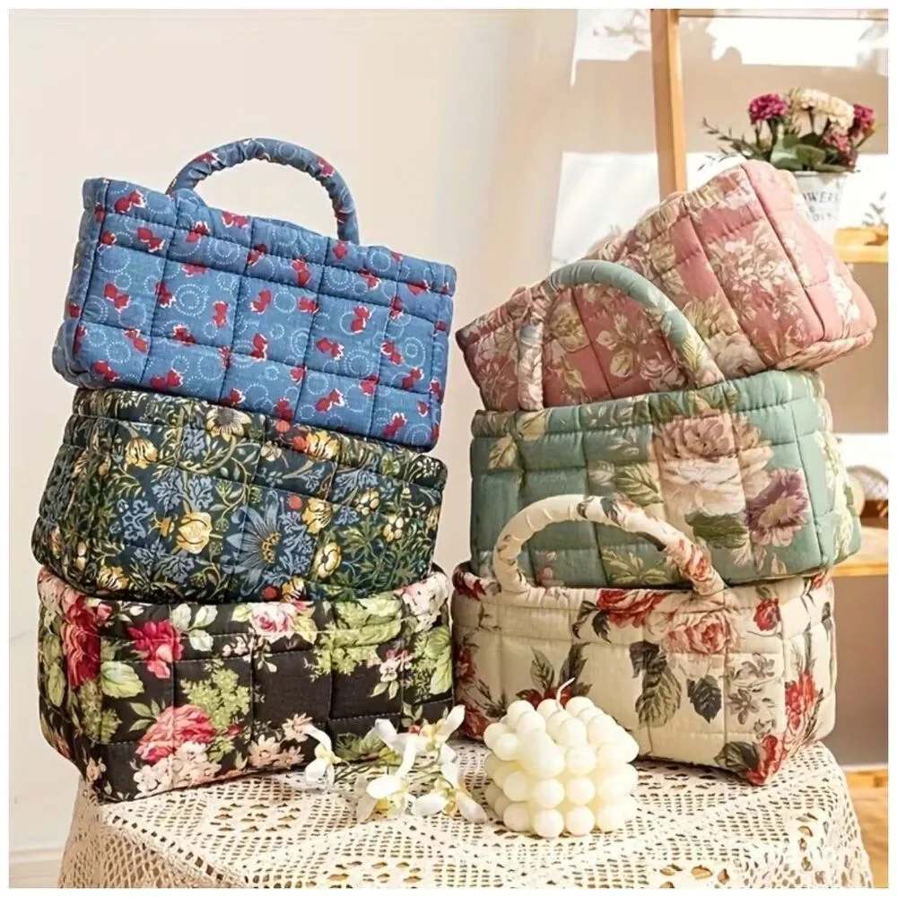 Vintage Floral Quilted Storage Basket Fabric Organizer Bin with Handles
